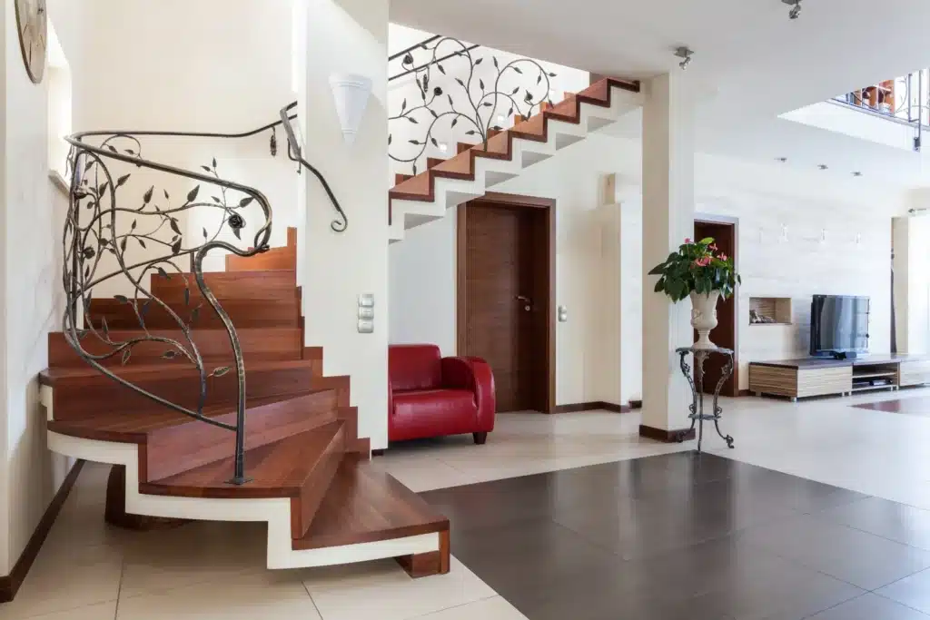 Wooden staircases with iron design handrails